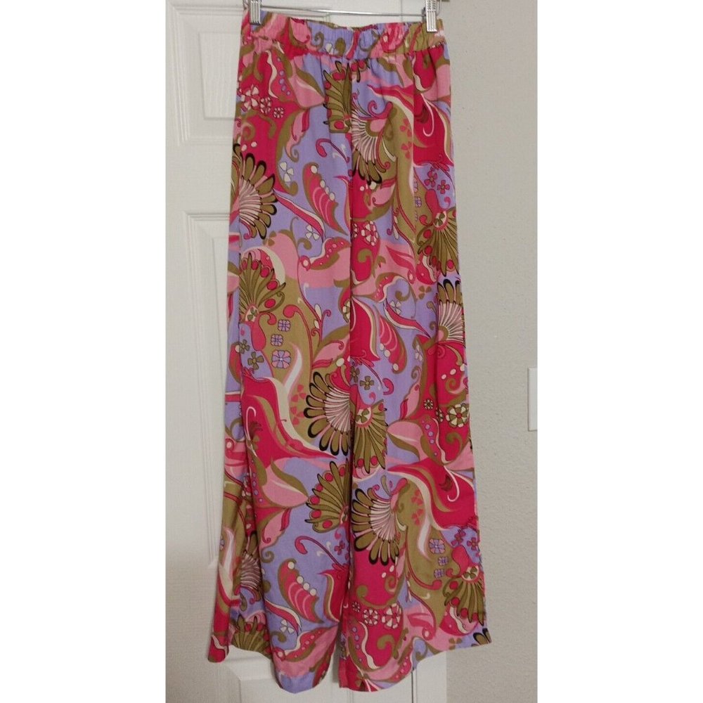 Women's Spoon Floral Print Vibrant Colorful Wide Leg Pull on Pants Small